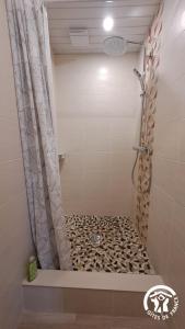 een badkamer met een douche met een douchegordijn bij L'esquirou in Lagarrigue +21 foto's