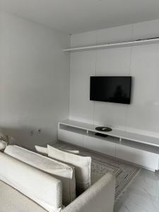een woonkamer met witte meubels en een flatscreen-tv bij Ap completo in Balneário Camboriú
