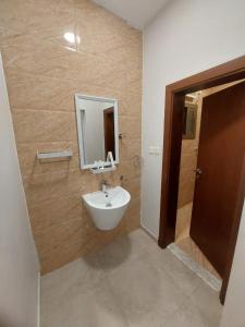 een badkamer met een wastafel en een spiegel aan de muur bij Al-Haramain Family Apartments in Jeddah
