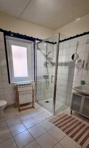 a bathroom with a shower and a toilet and a window at Maison boutet 9 in Fanjeaux