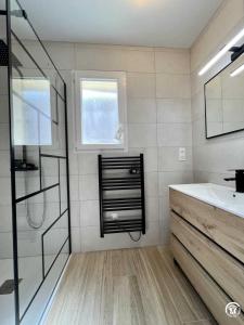 a bathroom with a sink and a shower and a sink at Gite du tatou in Roquefeuil