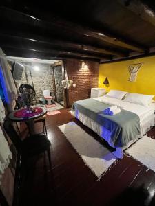 a bedroom with a large bed and a table at Pousada Magia da Mata in Trindade +10 photos