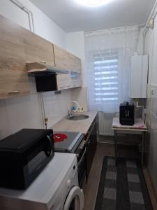 a small kitchen with a stove and a sink at Lily Ap in Lupeni