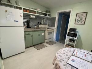 een keuken met een koelkast en een aanrechtblad bij Spring Street Retreat in St. Augustine +3 foto's