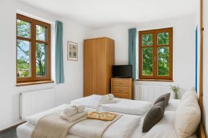 twee bedden in een kamer met twee ramen bij REJVÍZ 1 Hotel & Spa in Rejvíz