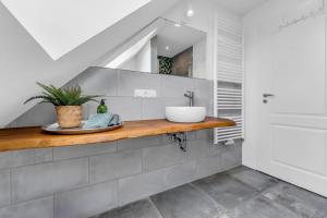 a bathroom with a sink and a mirror at Haus am Seeufer mit Badestelle in 200m, große Sonnenterrasse, umzäunter Garten, Hunde willkommen in Rheinsberg
