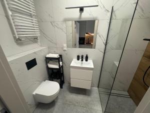 een badkamer met een toilet, een wastafel en een spiegel bij Żurawie II Popiełuszki 2A 51 in Gdańsk