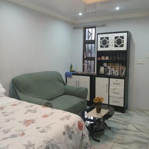 a bedroom with a green couch and a chair at Carlcyn 263 Cottage in Bulawayo