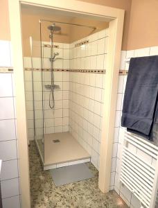 a bathroom with a shower with white tiles at La Friandise in Seppois-le-Bas