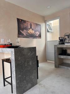 a kitchen with a counter and a painting on the wall at La Belle Dojo in Chelem
