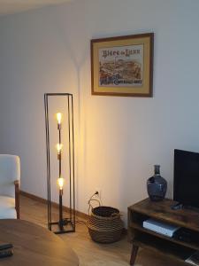 a living room with a table and a tv at Gite Bergamote in Champenoux