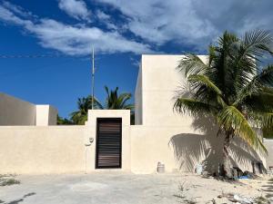 a building with a door and a palm tree at La Belle Dojo in Chelem