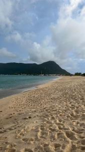 a beach with footprints in the sand and the water at Tiny House Armação no Morro in Florianópolis