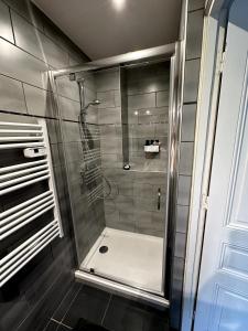 a shower with a glass door in a bathroom at Appartement - Le Prestige in Saint-Chéron