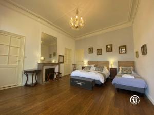 een slaapkamer met 2 bedden, een open haard en een kroonluchter bij La maison bachelet in Claira +48 foto's