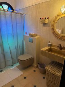 un bagno con lavandino, WC e specchio di Riad Douha a Marrakech