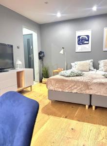 a bedroom with a bed and a flat screen tv at Apartament Pastelowy Tukan in Kwidzyn