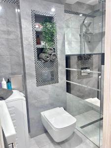 a bathroom with a toilet and a glass shower at Apartament Pastelowy Tukan in Kwidzyn
