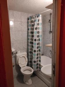 a bathroom with a toilet and a shower curtain at Motel Lovac in Štrpce +25 photos