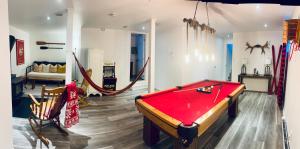 ein Wohnzimmer mit Billardtisch und Hängematten in der Unterkunft Chalet -Havre au bord de l'eau in Chertsey