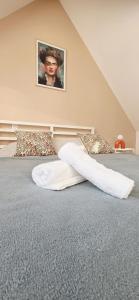 een slaapkamer met een groot bed met een wit kussen bij Duplex Saint-Martin in Josselin