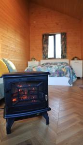 a fireplace in a living room with a bed at Our village in Khoni