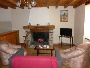 a living room with two couches and a fireplace at Le gite de cals haut in Lacombe