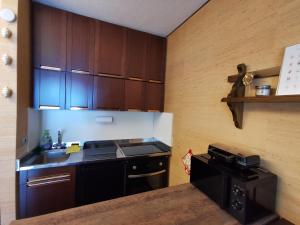eine Küche mit Holzschränken, Spüle und Herd in der Unterkunft Alpine Luck Apartment, Sella Nevea in Sella Nevea + 33 Fotos