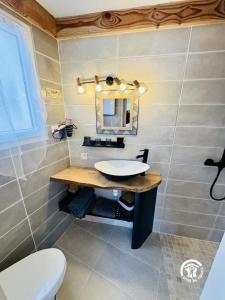 a bathroom with a sink and a mirror and a toilet at La cazabanelle in Villegly