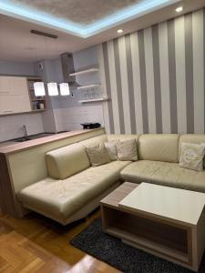a living room with a couch and a table at Vila Ljubovic in Podgorica +5 photos