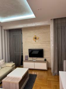 a living room with a couch and a tv at Vila Ljubovic in Podgorica
