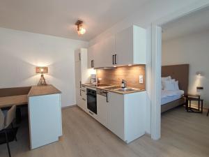 una cucina con un lavandino e un letto in una stanza di das Alpenblick & Outdoor Lodge Nauders a Nauders