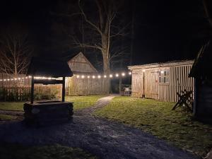 a backyard at night with lights on a fence at Ader puhkemaja in Kogula