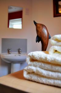 uma casa de banho com uma estátua de cabeça de cavalo ao lado de um lavatório em Beinn Edra apartment em Staffin