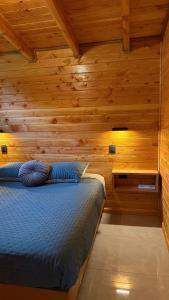a bedroom with wooden walls and a bed with blue pillows at Casa Oregon Pucura in Traitraico +13 photos