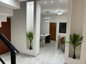 a hallway with white walls and a staircase with plants at Villa Elisa in Valladolid