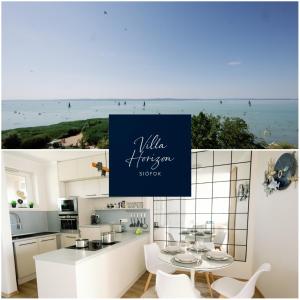 une cuisine avec une table et une pancarte bleue dessus dans l'établissement Villa Horizon-Siófok, à Siófok