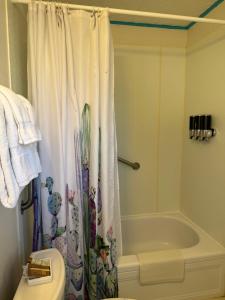 a bathroom with a tub and a shower curtain at Arrowhead Motel and RV Park in Ruidoso
