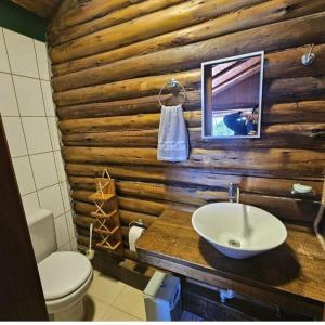 bagno con parete in legno, lavandino e servizi igienici. di Cabana Raio de Sol RS a Osório
