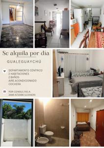 un collage di foto di una camera da letto e di un soggiorno di Departamento céntrico con cochera a Gualeguaychú