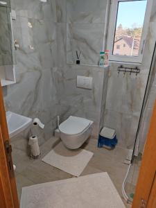 een badkamer met toilet, wastafel en raam bij Royal Queen in Vrnjačka Banja +14 foto's