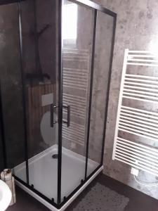 une douche avec une porte en verre dans une salle de bain dans l'établissement Apartman SKY Tatry, à Veľký Slavkov