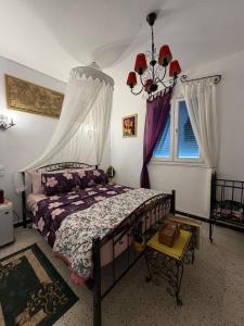 een slaapkamer met een bed, een kroonluchter en een raam bij F3 Mostaganem vue sur la Mer in Mostaganem