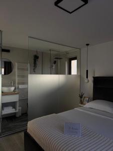 een slaapkamer met een bed met een glazen wand bij RDT Guest House-Rai din Transilvania in Moieciu de Jos