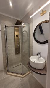een badkamer met een glazen douche en een wastafel bij Carpathia Magic -adults only in Peştera