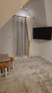 een kamer met een gordijn en een televisie aan een muur bij Carpathia Magic -adults only in Peştera