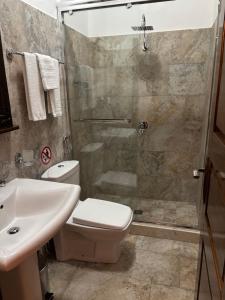 een badkamer met een douche, een toilet en een wastafel bij Hotel Vila Aleksander in Berat +75 foto's