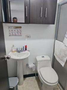 een kleine badkamer met toilet en wastafel bij Apartamento Faunaventura cerca Parque del Café con piscina in Montenegro