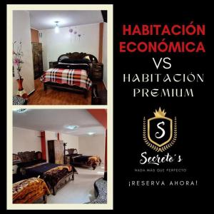 a collage of two pictures of a bedroom and a hotel room at Hospedaje secretos in Huancayo
