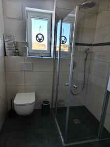 bagno con doccia e servizi igienici e 2 finestre di Ferienwohnung Alpenblick a Grafenhausen Altre 16 foto